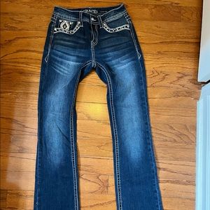Grace in LA Dark Blue Embroidered Pocket Bootcut Jeans